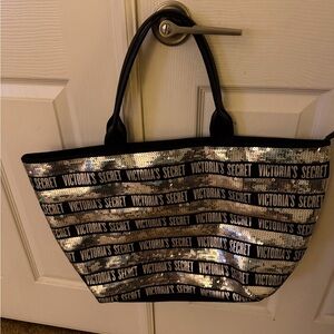 Victoria's Secret Black and Silver Sequin Logo Tote Bag